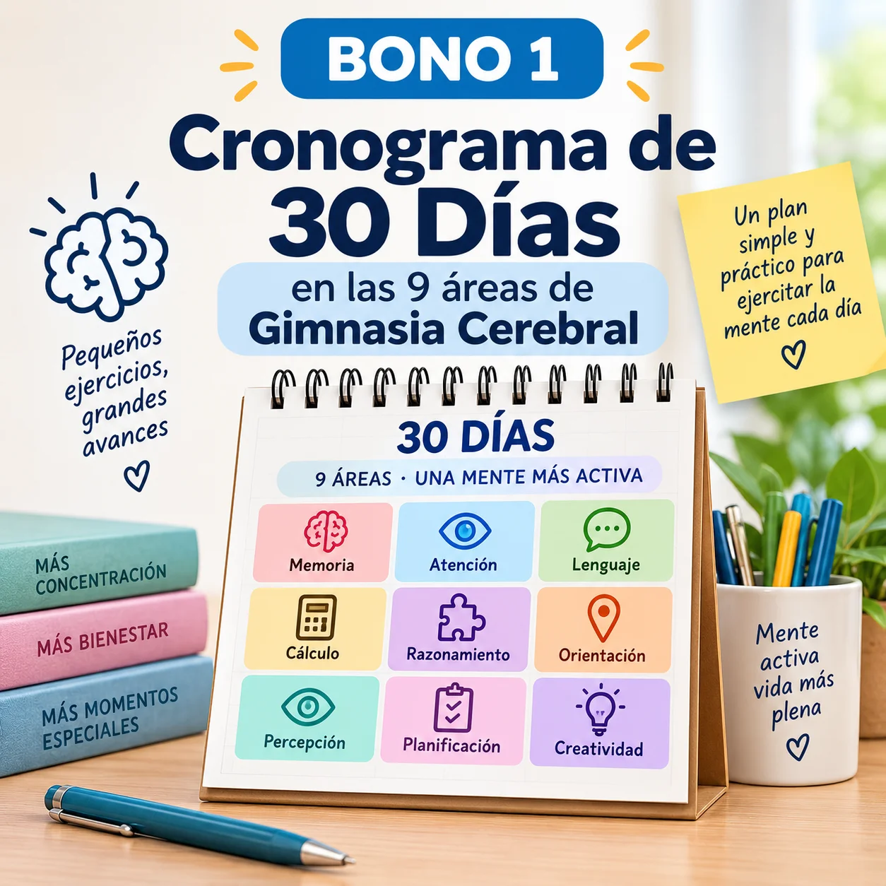 Cronograma de 30 días con las 9 áreas de gimnasia cerebral