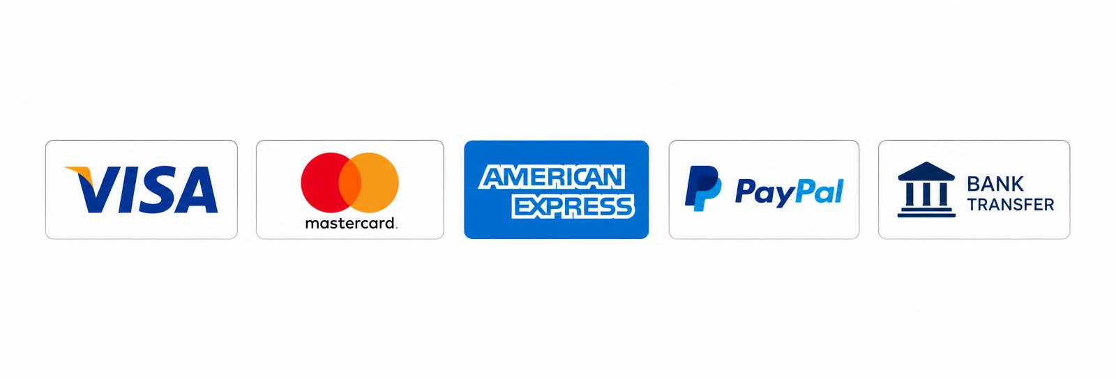 Métodos de pago disponibles: Visa, Mastercard, American Express, PayPal y transferencia bancaria