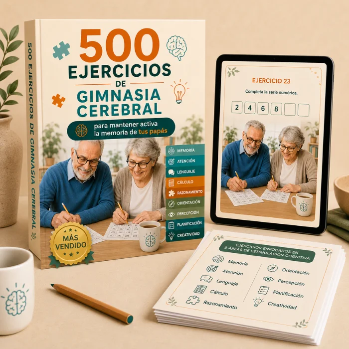 Libro digital 500 Ejercicios de Gimnasia Cerebral mostrado en tablet, libro impreso y hojas de ejercicios